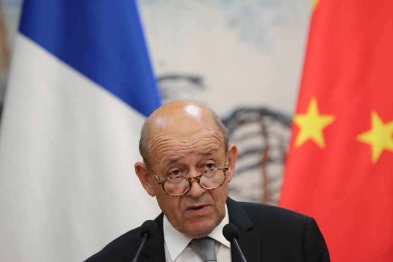 BEIJING, CHINA - SEPTEMBER 13: French Foreign Affairs minister Jean-Yves Le Drian speaks during a joint press conference with China's Foreign Minister Wang Yi at Diaoyutai State Guesthouse on September 13, 2018 in Beijing, China. (Photo by Lintao Zhang/Getty Images)