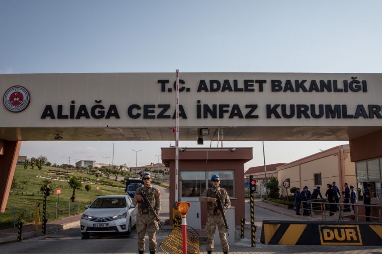 IZMIR, TURKEY - OCTOBER 12: Turkish soldiers stand guard outside the entrance to Aliaga Prison Court after American pastor Andrew Brunson arrived ahead of his court hearing on October 12, 2018 in Izmir, Turkey. Brunson has been under house arrest in Izmir, Turkey, since October 2016 while awaiting trial. Turkey has accused Brunson of abetting terrorist groups and supporting Fethullah Gulen, the cleric blamed for the failed coup attempt in 2016. Brunson's case has been
