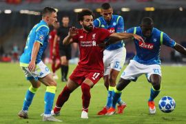 NAPLES, ITALY - OCTOBER 03: Mohamed Salah of Liverpool battles with Kalidou Koulibaly of Napoli during the Group C match of the UEFA Champions League between SSC Napoli and Liverpool at Stadio San Paolo on October 3, 2018 in Naples, Italy. (Photo by Catherine Ivill/Getty Images)