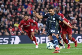 LIVERPOOL, ENGLAND - OCTOBER 07: Riyad Mahrez of Manchester City takes a penalty and misses during the Premier League match between Liverpool FC and Manchester City at Anfield on October 7, 2018 in Liverpool, United Kingdom. (Photo by Laurence Griffiths/Getty Images)