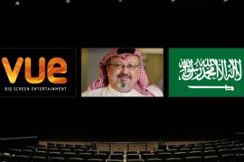 تصميم عن قرار شركة فيو الدولية البريطانية تعليق مشروع إقامة دور سينما في السعودية بسبب مقتل خاشقجي