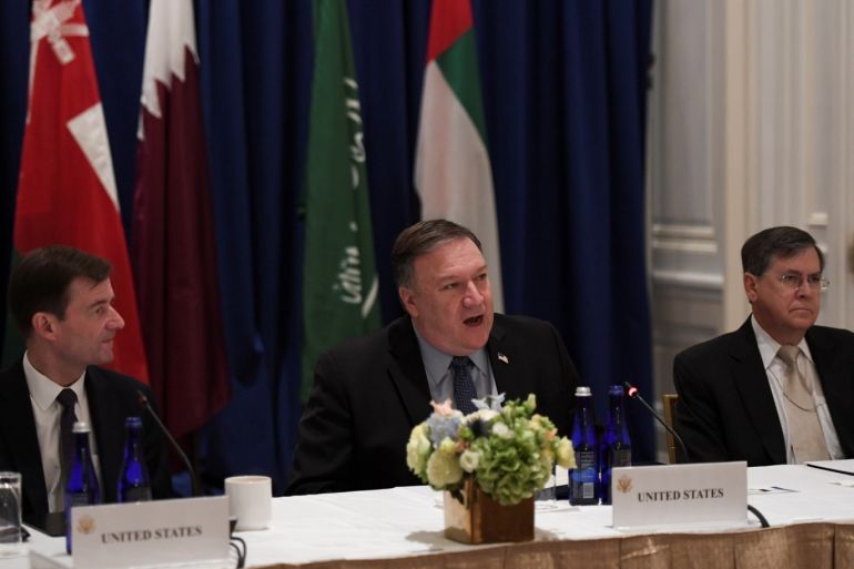 U.S. Secretary of State Mike Pompeo (C) speaks alongside U.S. Ambassador David Satterfield (R) and Under Secretary of State for Political Affairs David Hale (L) while hosting a Gulf Cooperation Council summit on the sidelines of the United Nations General Assembly in New York City, U.S. September 28, 2018. REUTERS/Darren Ornitz