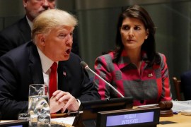 U.S. President Donald Trump speaks as U.N. Ambassador Nikki Haley looks on at the United Nations Global Call to Action on the World Drug Problem during the 73rd U.N. General Assembly in New York, U.S., September 24, 2018. REUTERS/Carlos Barria