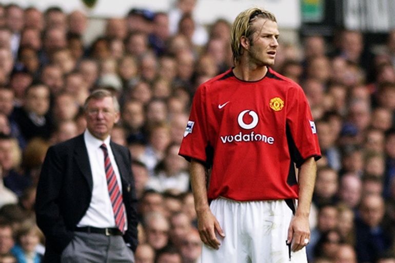 LONDON - APRIL 27: David Beckham of Manchester United and his manager Sir Alex Ferguson look in different directions during the FA Barclaycard Premiership match between Tottenham Hotspur and Manchester United held on April 27, 2003 at White Hart Lane, in London. Manchester United won the match 2-0. (Photo by Shaun Botterill/Getty Images)