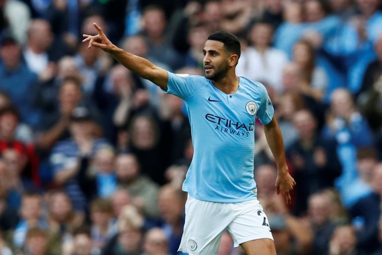 Soccer Football - Premier League - Manchester City v Burnley - Etihad Stadium, Manchester, Britain - October 20, 2018 Manchester City's Riyad Mahrez celebrates scoring their fourth goal Action Images via Reuters/Jason Cairnduff EDITORIAL USE ONLY. No use with unauthorized audio, video, data, fixture lists, club/league logos or