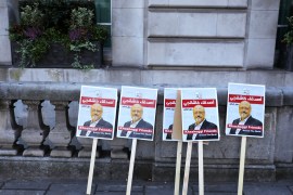 Placards can be seen outside the embassy as people protest against the killing of journalist Jamal Khashoggi in Turkey outside the Saudi Arabian Embassy in London, Britain, October 26 2018. REUTERS/Simon Dawson