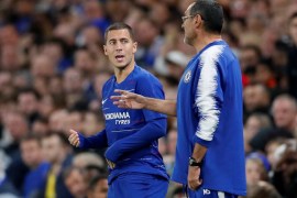 Soccer Football - Europa League - Group Stage - Group L - Chelsea v Vidi FC - Stamford Bridge, London, Britain - October 4, 2018 Chelsea's Eden Hazard with manager Maurizio Sarri before coming on a substitute REUTERS/David Klein