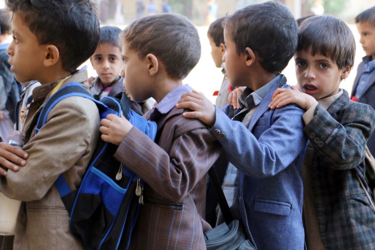 Students attend the morning drills at their school which lost pupils in an August 2018 Saudi-led air strike on a school bus in Saada province, Yemen October 6, 2018. Picture taken October 6, 2018. REUTERS/Naif Rahma