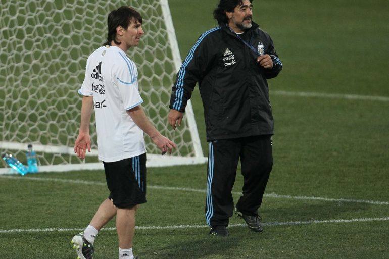 PRETORIA, SOUTH AFRICA - JUNE 30: Argentina's head coach Diego Maradona and Lionel Messi wait for a corner kick during a team training session on June 30, 2010 in Pretoria, South Africa. (Photo by Chris McGrath/Getty Images)
