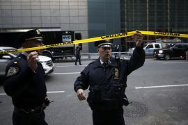 Explosive devices found in Time Warner Building- - NEW YORK, USA - OCTOBER 24: Police officers take security measures in front of the Time Warner Building where a suspected explosive device was found in the building after it was delivered to CNN's New York bureau in New York, United States on October 24, 2018. Explosive devices were also found near the home of former US Presidents Bill Clinton and Barack Obama in New York.