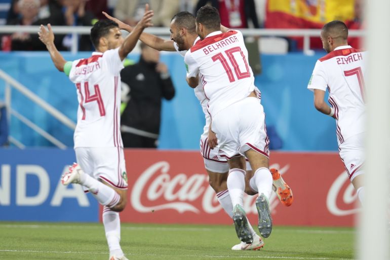 Spain v Morocco : Group B - 2018 FIFA World Cup Russia- - KALININGRAD, RUSSIA - JUNE 25 : Khalid Boutaib (2nd L) of Morocco celebrates with his teammates after scoring a goal during the 2018 FIFA World Cup Russia Group B match between Spain and Morocco at the Kaliningrad Stadium in Kaliningrad, Russia on June 25, 2018.