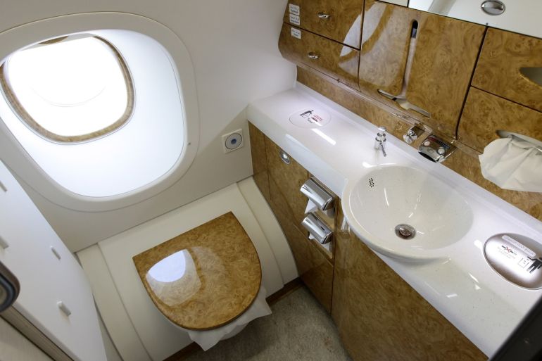 BERLIN - JUNE 09: Glossy wood decorates a bathroom in the business class section of an Emirates Airbus A380 at the ILA Berlin Air Show on June 9, 2010 in Berlin, Germany. Emirates announced the day before that it will increase its order for the A380 to a total of 90 aircraft. (Photo by Sean Gallup/Getty Images)