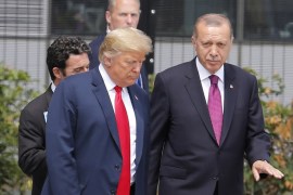 2018 NATO Summit in Brussels- - BRUSSELS, BELGIUM - JULY 11: Turkish President Recep Tayyip Erdogan (R) talks to U.S. President Donald Trump (L) attends the 2018 NATO Summit at NATO headquarters on July 11, 2018 in Brussels, Belgium.
