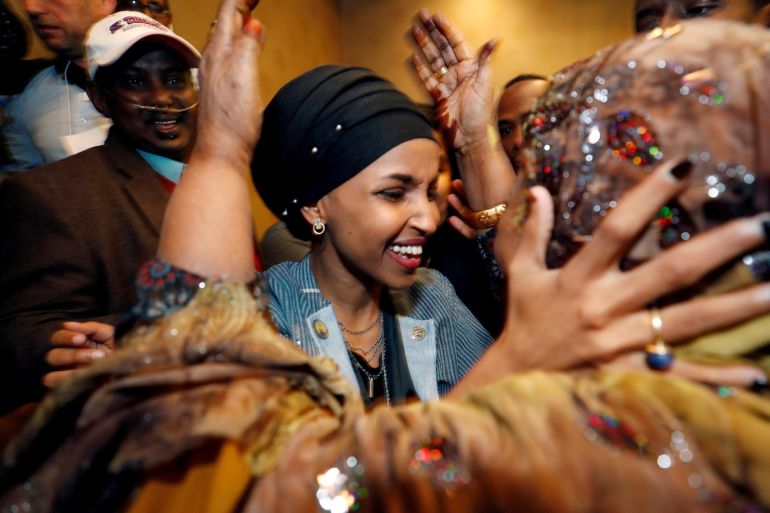 Democratic congressional candidate Ilhan Omar is greeted by her husband’s mother after appearing at her midterm election night party in Minneapolis, Minnesota, U.S. November 6, 2018. REUTERS/Eric Miller TPX IMAGES OF THE DAY
