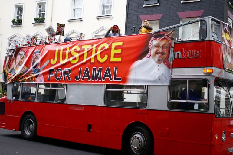 Demonstrators ride the double-decker bus as they attend the Stop The War Coalition protest against the killing of journalist Jamal Khashoggi, war in Yemen and UK arms sales to Saudi Arabia outside the Saudi Arabian Embassy in London, Britain, October 25 2018. REUTERS/Henry Nicholls