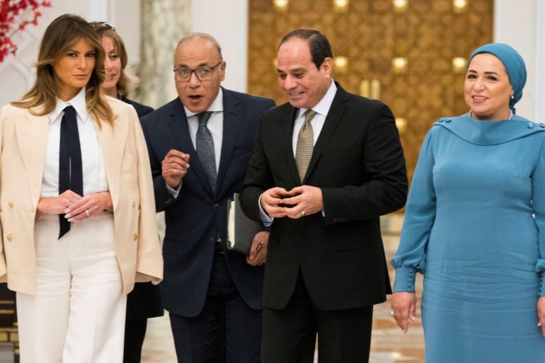 U.S. first lady Melania Trump meets with Egyptian President Abdel Fattah al-Sisi and Egyptian first lady Entissar Mohameed Amer at the Presidential Palace in Cairo, Egypt, October 6, 2018. Doug Mills/Pool via REUTERS