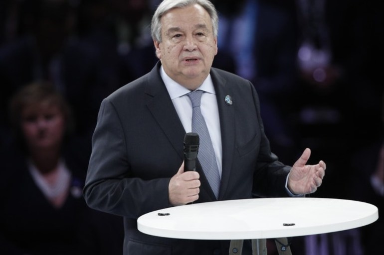 epa07159005 United Nation Secretary General Antonio Guterres delivers a speech at the opening of the Paris Peace Forum as part of the international commemoration ceremony for the Centenary of the WWI Armistice of 11 November 1918, at the Grande Hall de La Villette in Paris, France, 11 November 2018. World leaders have gathered in France to mark the 100th anniversary of the First World War Armistice with services taking place across the world to commemorate the occasion.