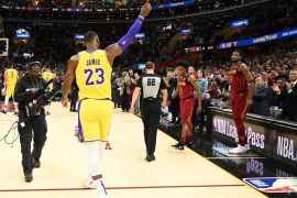 CLEVELAND, OH - NOVEMBER 21: LeBron James #23 of the Los Angeles Lakers recognizes the fans after the Cleveland Cavaliers honored James during a time-out during the first half at Quicken Loans Arena on November 21, 2018 in Cleveland, Ohio. NOTE TO USER: User expressly acknowledges and agrees that, by downloading and/or using this photograph, user is consenting to the terms and conditions of the Getty Images License Agreement. Jason Miller/Getty Images/AFP== FOR NEWSPAPERS, INTERNET, TELCOS & TELEVISION USE ONLY ==
