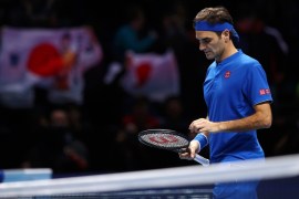 LONDON, ENGLAND - NOVEMBER 11: Roger Federer of Switzerland reacts after he loses his match to Kei Nishikori of Japan during Day One of the Nitto ATP World Tour Finals at The O2 Arena on November 11, 2018 in London, England. (Photo by Clive Brunskill/Getty Images)