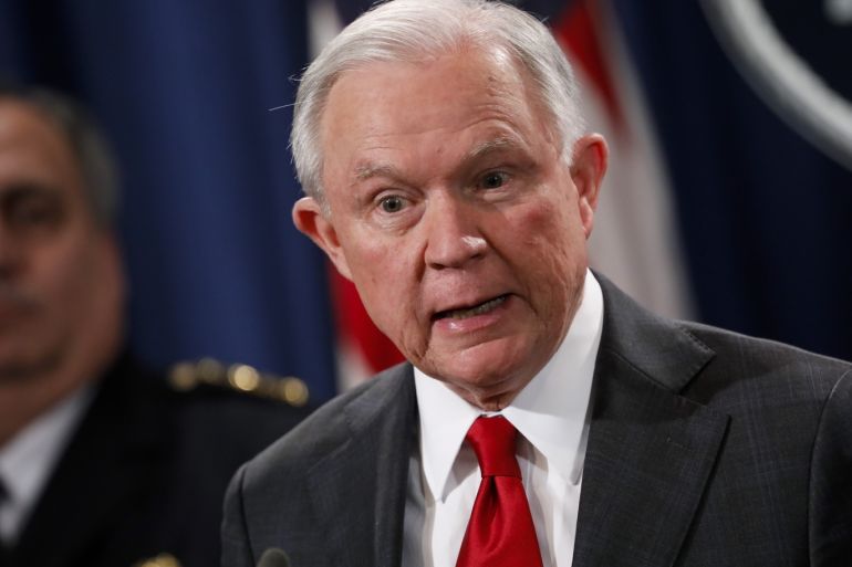WASHINGTON, DC - OCTOBER 26: Attorney General Jeff Sessions speaks at a press conference about the apprehension of a suspect in the recent spate of mail bombings at the Department of Justice on October 26, 2018 in Washington, DC. Authorities arrested Cesar Sayoc in the attacks which targeted prominent Democrats and critics of President Trump. Aaron P. Bernstein/Getty Images/AFP== FOR NEWSPAPERS, INTERNET, TELCOS & TELEVISION USE ONLY ==