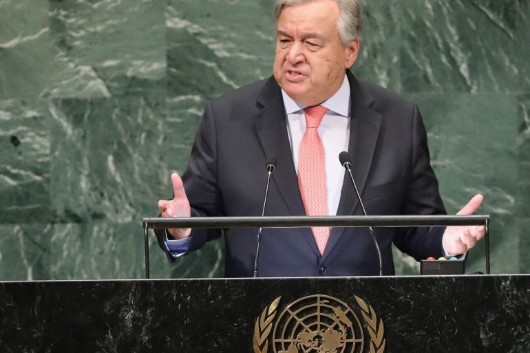 NEW YORK, NY - SEPTEMBER 25: Secretary General of the United Nations Antonio Guterres addresses the 73rd UN General Assembly meeting on September 25, 2018 in New York City. World leaders gathered for the annual meeting at the UN headquarters in Manhattan. John Moore/Getty Images/AFP== FOR NEWSPAPERS, INTERNET, TELCOS & TELEVISION USE ONLY ==
