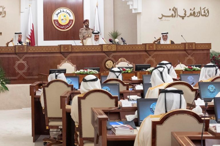 Qatar's Emir Sheikh Tamim bin Hamad al-Thani speaks to the country's consultative Shoura council in Doha, Qatar, November 6, 2018. Qatar News Agency/Handout via REUTERS ATTENTION EDITORS - THIS PICTURE WAS PROVIDED BY A THIRD PARTY.