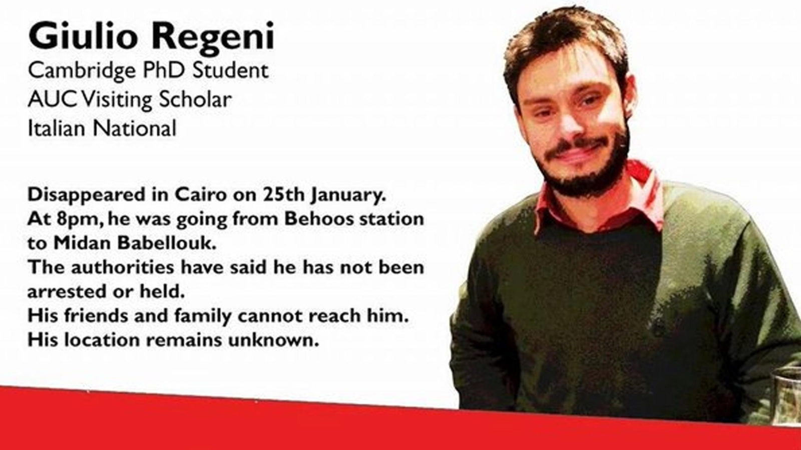 ‪‬ ريجيني اختفى يوم 25 يناير/كانون الثاني 2016