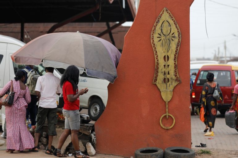 A sample of brass work hangs on the entrance to Igun street, where bronze works are cast and sold, in Benin City, Edo state, Nigeria June 12, 2018. Picture taken June 12, 2018. REUTERS/Akintunde Akinleye