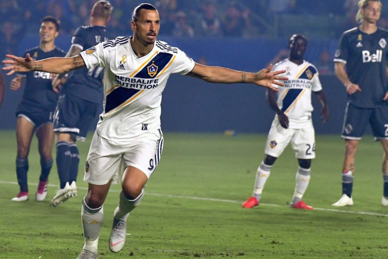 Sep 29, 2018; Carson, CA, USA; Los Angeles Galaxy forward Zlatan Ibrahimovic (9) celebrates after scoring a goal on a penalty kick in the fourth minute of play in the game against the Vancouver Whitecaps at StubHub Center. Mandatory Credit: Jayne Kamin-Oncea-USA TODAY Sports