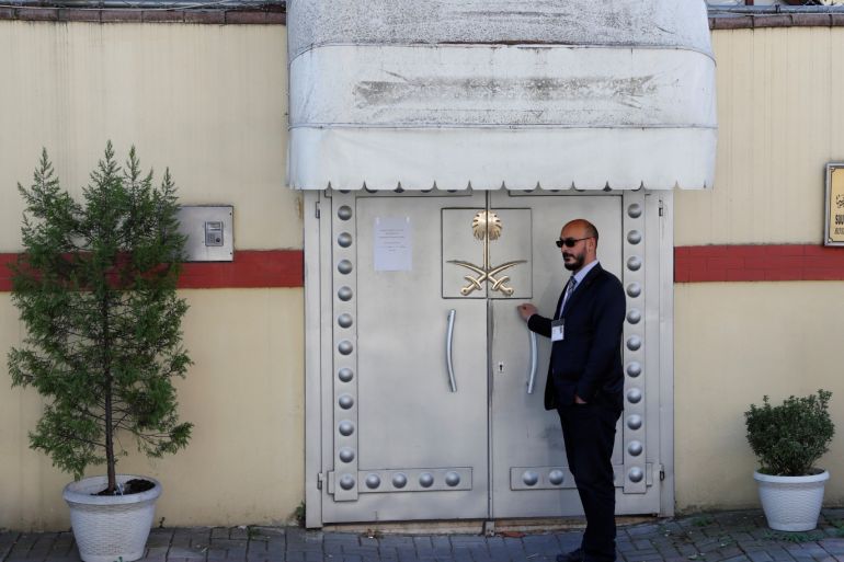 A member of security staff stands at the entrance of Saudi Arabia's consulate in Istanbul, Turkey October 28, 2018. REUTERS/Murad Sezer