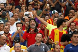 Soccer Football - CAF Champions League - Esperance Sportive de Tunis v Al Ahly SC - Rades Olympic stadium, Tunis, Tunisia - August 17, 2018. Fans of Esperance Sportive de Tunis react before the start of the game. REUTERS/Zoubeir Souissi