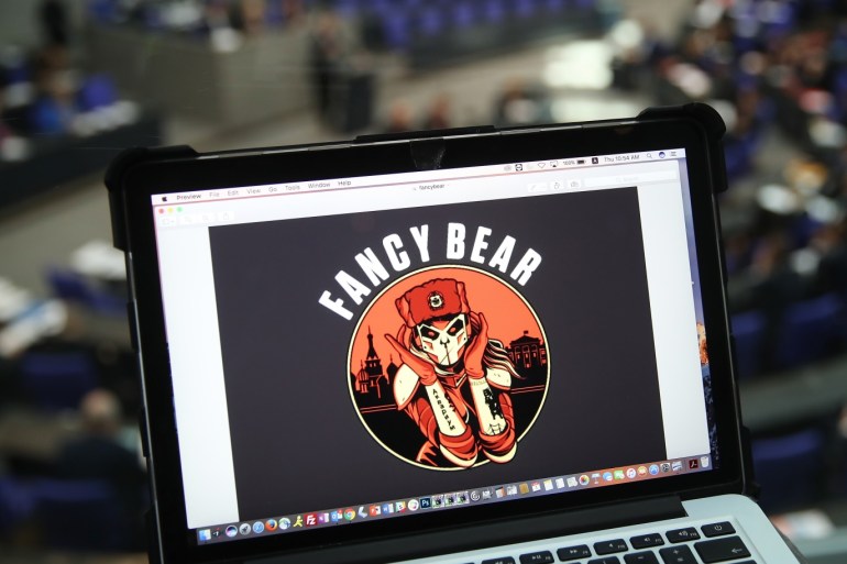 BERLIN, GERMANY - MARCH 01: In this photo illustration artwork found on the Internet showing Fancy Bear is seen on the computer of the photographer during a session in the plenary hall of the Bundestag, the German parliament, on March 1, 2018 in Berlin, Germany. German authorities announced yesterday that administrative computers of the German government, including those of government ministries and parliament, had been infiltrated with malware. Authorities said they suspect the Russian hacker group APT28, also known as Fancy Bear. (Photo by Sean Gallup/Getty Images)