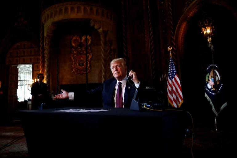U.S. President Donald Trump speaks via video teleconference with troops from Mar-a-Lago estate in Palm Beach, Florida, U.S., November 22, 2018. REUTERS/Eric Thayer TPX IMAGES OF THE DAY