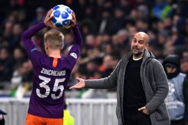 LYON, FRANCE - NOVEMBER 27: Josep Guardiola, Manager of Manchester City looks on as Oleksandr Zinchenko of Manchester City takes a throw in during the UEFA Champions League Group F match between Olympique Lyonnais and Manchester City at Groupama Stadium on November 27, 2018 in Lyon, France. (Photo by Shaun Botterill/Getty Images)