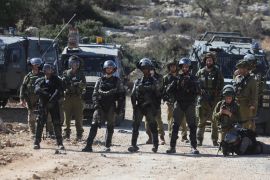 Protest against building of Jewish settlement in Ramallah- - RAMALLAH, WEST BANK - NOVEMBER 2: Israeli forces take security measures during a protest against building of Jewish settlement at the Mazraa Gharbiya town of Ramallah, West Bank on November 2, 2018.