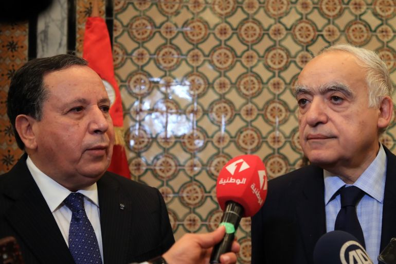UN Special Envoy for Libya Ghassan Salame in Tunis- - TUNIS, TUNISIA - NOVEMBER 7: UN Special Envoy for Libya Ghassan Salame (R) and Tunisian Foreign Minister Humeys Al-Cihinavi (L) speak to the press following their meeting in Tunis, Tunisia on November 7, 2018.