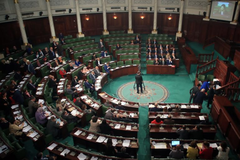 Vote of confidence for the new cabinet in Tunisian parliament- - TUNIS, TUNISIA - NOVEMBER 12: A general view of the parliament session on vote of confidence for the new cabinet at the Assembly of the Representatives of the People in Tunis, Tunisia on November 12, 2018.