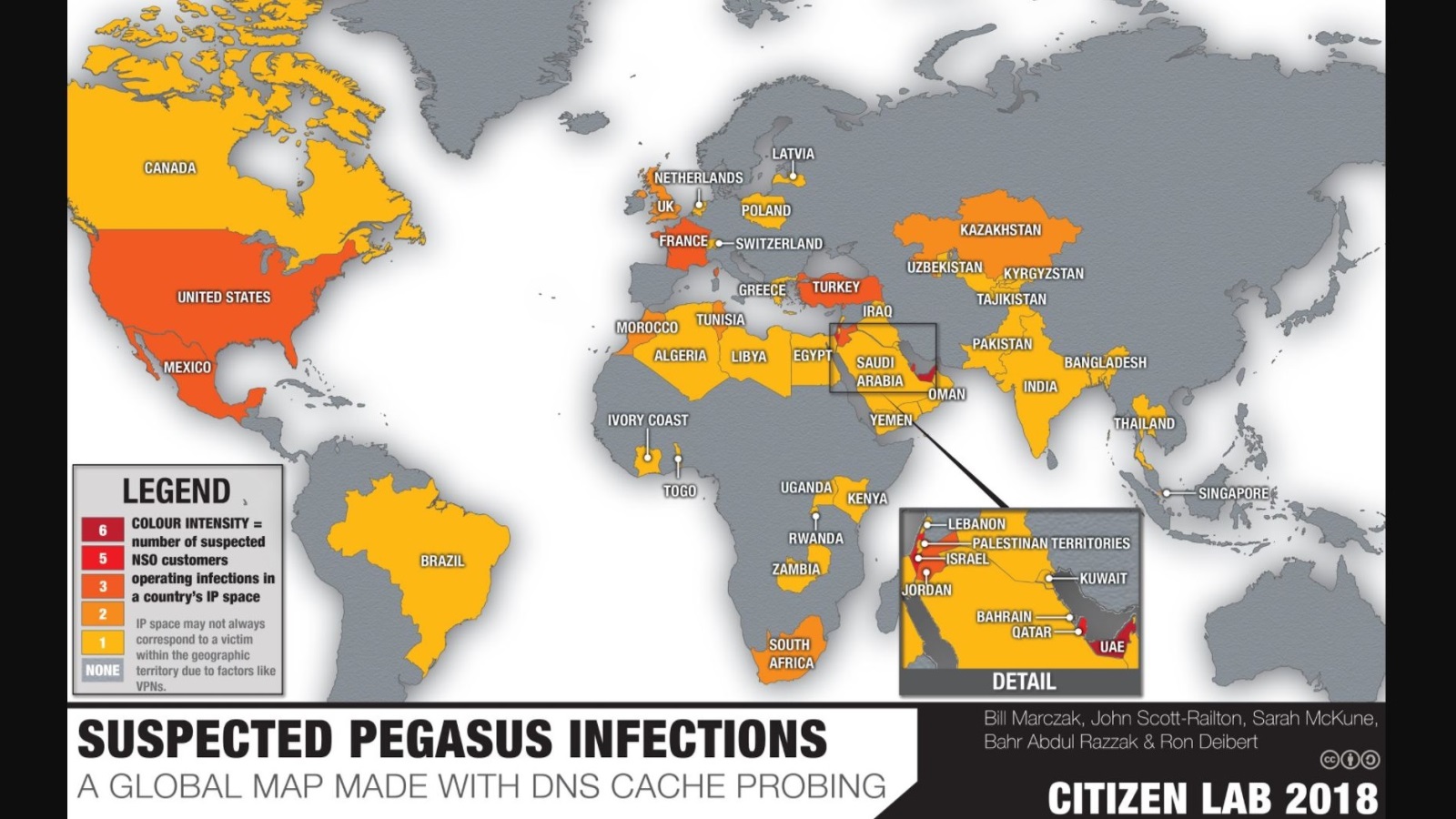  خريطة الدول المصابة ببرنامج بيغاسوس وتظهر الإمارات وإسرائيل باللون الأحمر الذي يشير إلى الأكثر تأثرا (سيتيزن لاب)