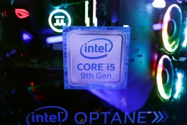 The Intel logo is seen on a computer at the Thailand Game Show 2018 in Bangkok, Thailand, October 26, 2018. REUTERS/Athit Perawongmetha