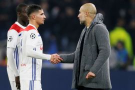 Soccer Football - Champions League - Group Stage - Group F - Olympique Lyonnais v Manchester City - Groupama Stadium, Lyon, France - November 27, 2018 Manchester City manager Pep Guardiola shakes the hand of Lyon's Houssem Aouar after the match REUTERS/Emmanuel Foudrot