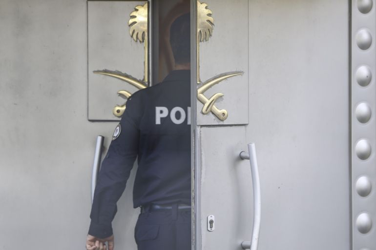 Killing of Prominent Saudi journalist Jamal Khashoggi- - ISTANBUL, TURKEY - OCTOBER 31: A police officer is seen at the entrance of the Saudi consulate as the waiting continues on the killing of Prominent Saudi journalist Jamal Khashoggi, in Istanbul, Turkey on October 31, 2018.