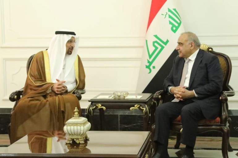 Iraq's Prime Minister Adel Abdul Mahdi meets with Saudi Arabian Energy Minister Khalid al-Falih in Baghdad, Iraq November 10, 2018. Iraqi Prime Minister Media Office/Handout via REUTERS ATTENTION EDITORS - THIS IMAGE WAS PROVIDED BY A THIRD PARTY. NO RESALES. NO ARCHIVES.