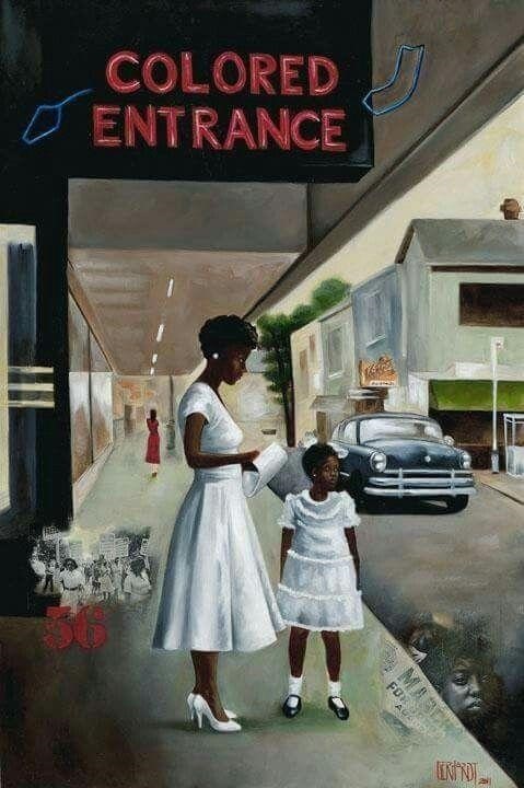 لوحة تشكيلية لسيدة سوداء وابنتها تقفان على باب أحد المحال المخصص للأشخاص الملونين -غير البيض- فقط (مواقع التواصل)