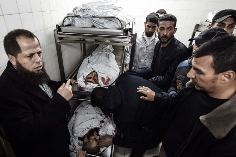 6 Palestinians killed in Israeli raid in Gaza- - KHAN YUNIS, GAZA - NOVEMBER 11: (EDITOR'S NOTE: Image depicts death) Dead bodies of Palestinians who were killed after Israeli forces targeted a group of people east of the city of Khan Yunis, are seen at the European Gaza Hospital, in Khan Yunis, Gaza on November 11, 2018.