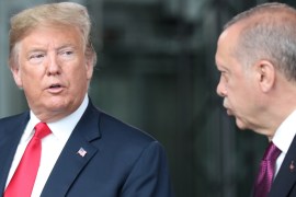 U.S. President Donald Trump talks to Turkey’s President Recep Tayyip Erdogan at NATO headquarters in Brussels, Belgium July 11, 2018. Tatyana Zenkovich/Pool via REUTERS