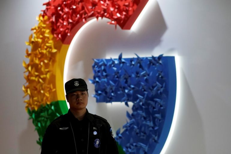 A Google sign is seen during the China International Import Expo (CIIE), at the National Exhibition and Convention Center in Shanghai, China November 5, 2018. Picture taken November 5, 2018. REUTERS/Aly Song