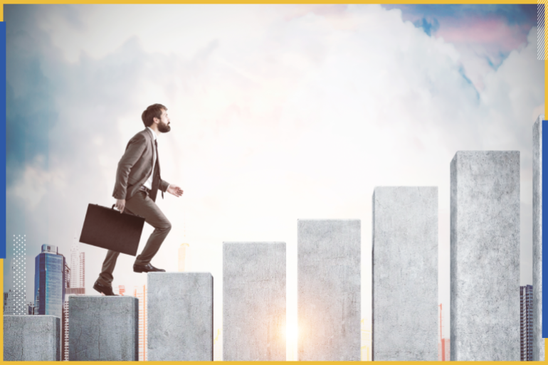Side view of a man climbing a concrete stair drawn in the shape of a graph. Cloudy sky and city in the background. The concept of success and achieving a goal. Mock up. Toned image