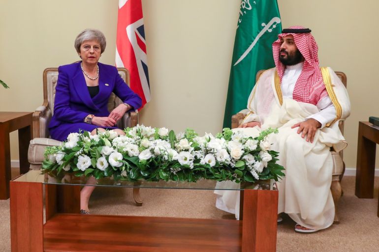 Britain's Prime Minister Theresa May and Saudi Crown Prince Mohammed bin Salman sit together during the Group 20 summit, in Buenos Aires, Argentina November 30, 2018. Ministry of Defence/British Prime Minister's Office Downing Street/Handout via REUTERS THIS IMAGE HAS BEEN SUPPLIED BY A THIRD PARTY.