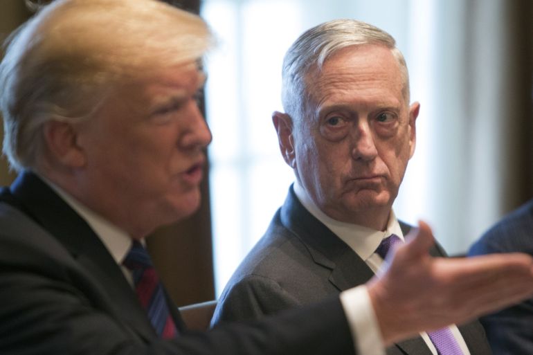 epa07242842 (FILE) - uS Secretary of Defense James Mattis (r) listens to US President Donald J. Trump (L) speaking during a luncheon with the Baltic States Heads of Government at The White House in Washington, DC, USA, 03 April 2018 (re-issued 20 December 2018). Media reports on 20 December 2018 state that US Secretary of Defense James Mattis is retiring at the end of February 2019 citing the announcment from a tweet by US President Donald J. Trump. EPA-EFE/CHRIS KLEPON