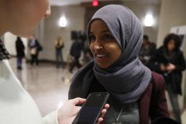 WASHINGTON, DC - NOVEMBER 15: New member-elect Ilhan Omar (D-MN) talks to a reporter before attending a welcome briefing sponsored by the the House Administration Committee, on Capitol Hill November 15, 2018 in Washington, DC. The new 116th congress will be sworn in on January 3, 2019. Mark Wilson/Getty Images/AFP== FOR NEWSPAPERS, INTERNET, TELCOS & TELEVISION USE ONLY ==